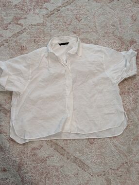Zara White Short-Sleeve Oversized Button-Down Shirt